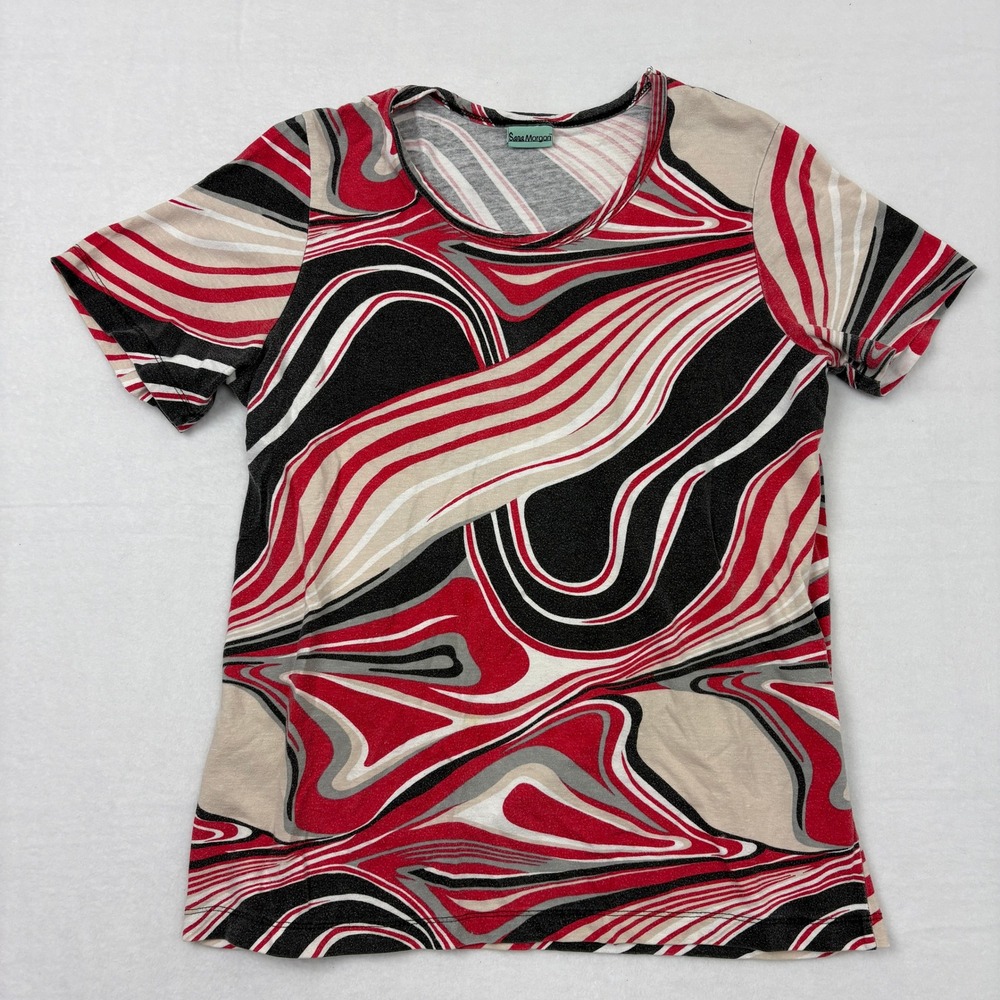 Sara Morgan Womens Abstract Swirl Print Short Sleeve Blouse Red Black Beige L